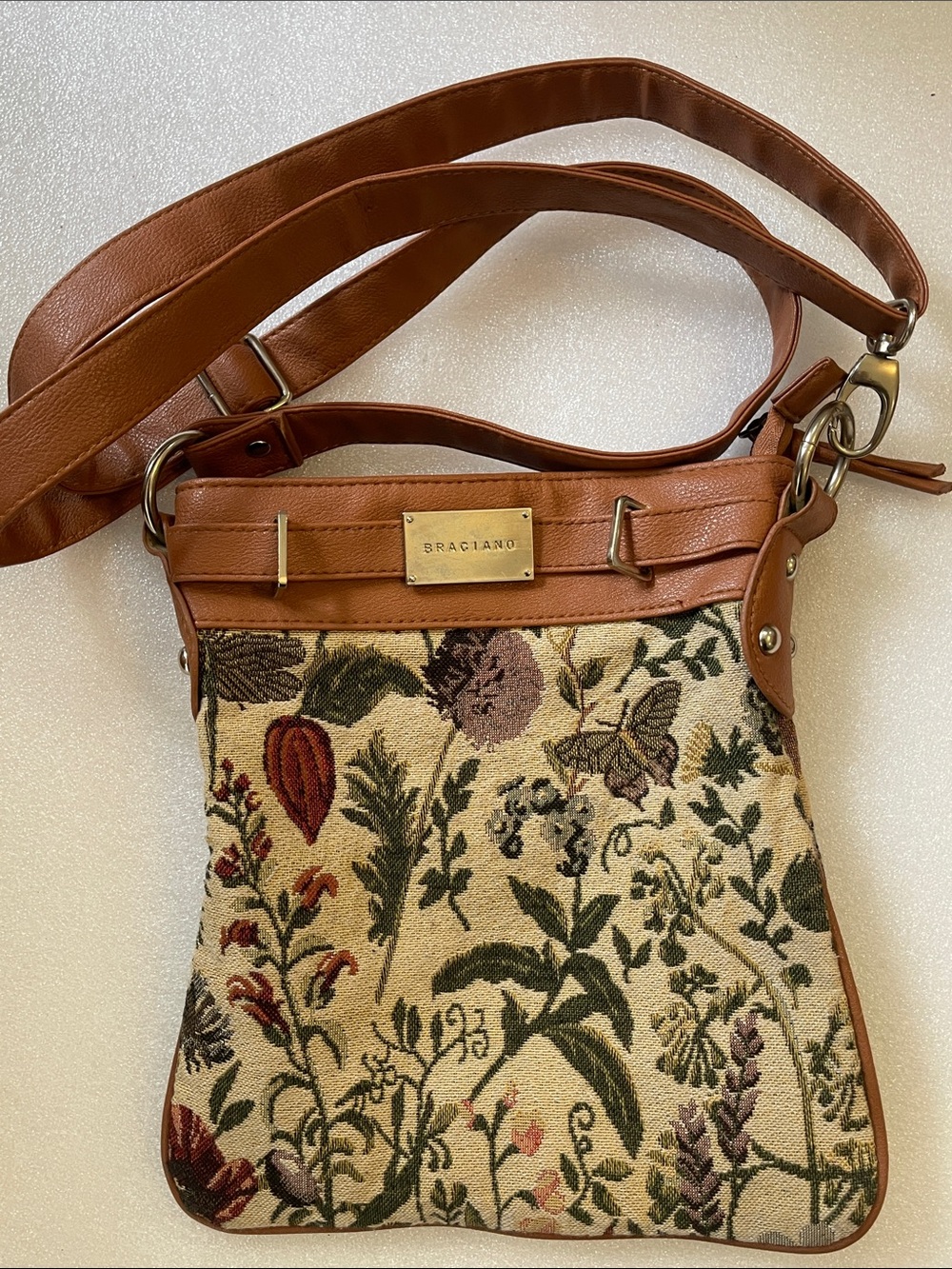 Braciano Brown Floral Tapestry Crossbody Bag
